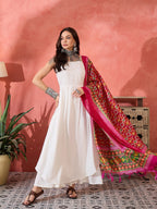 InWeave White Strappy Kurta Set Pink Patola Dupatta | Grocsy