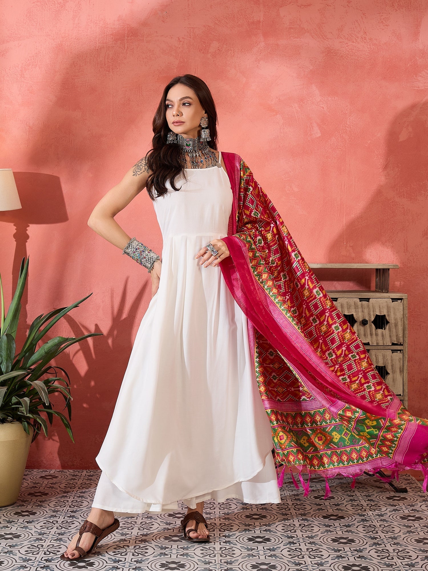 InWeave White Strappy Kurta Set Pink Patola Dupatta | Grocsy