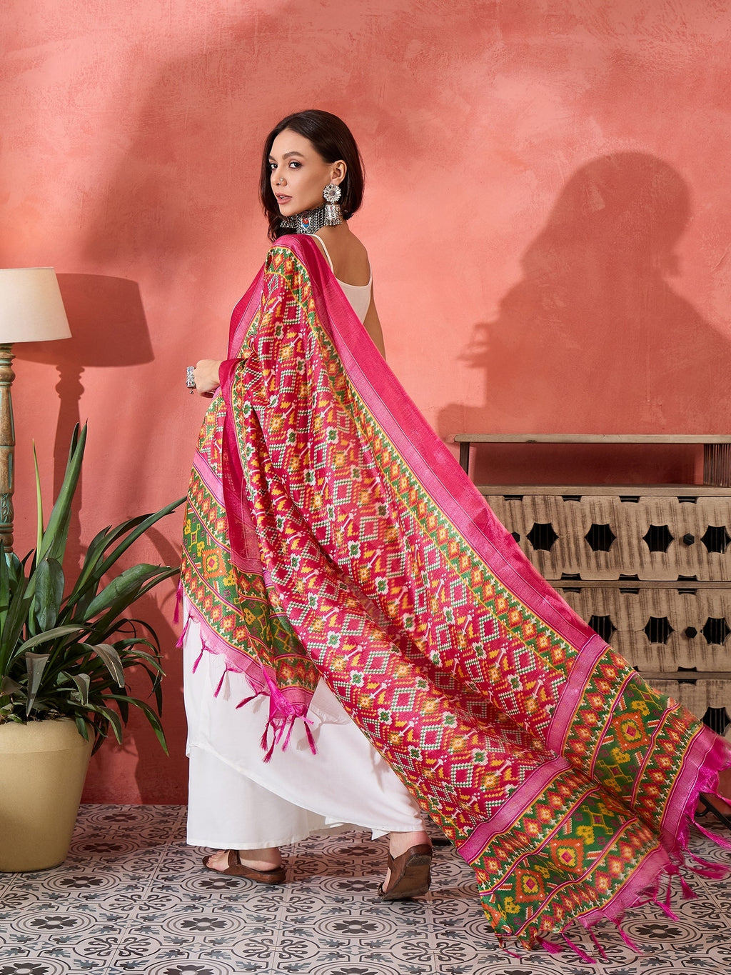 InWeave White Strappy Kurta Set Pink Patola Dupatta | Grocsy
