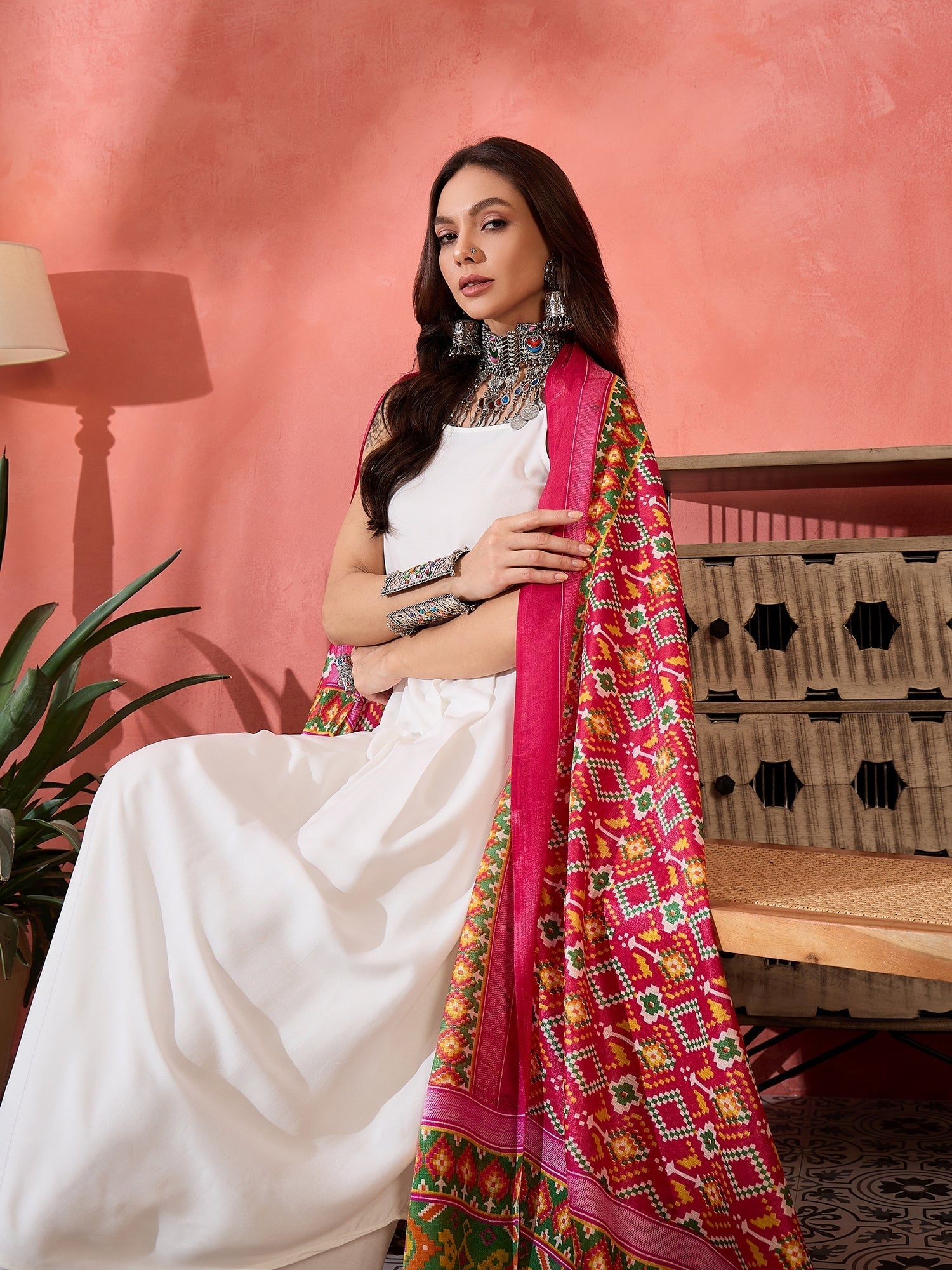 InWeave White Strappy Kurta Set Pink Patola Dupatta | Grocsy