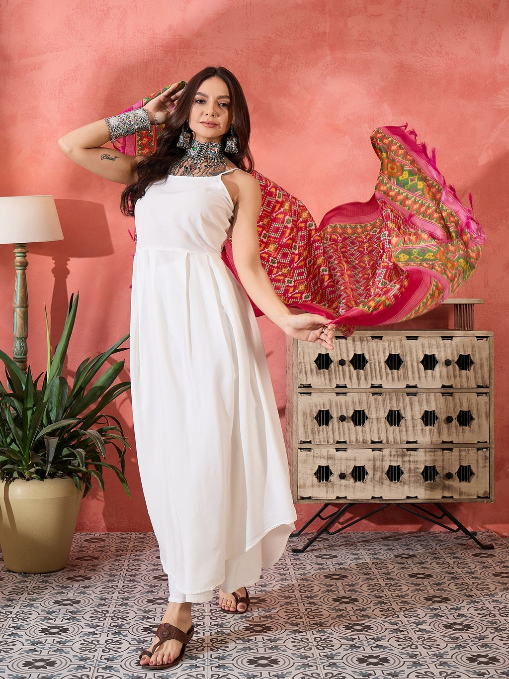 InWeave White Strappy Kurta Set Pink Patola Dupatta | Grocsy