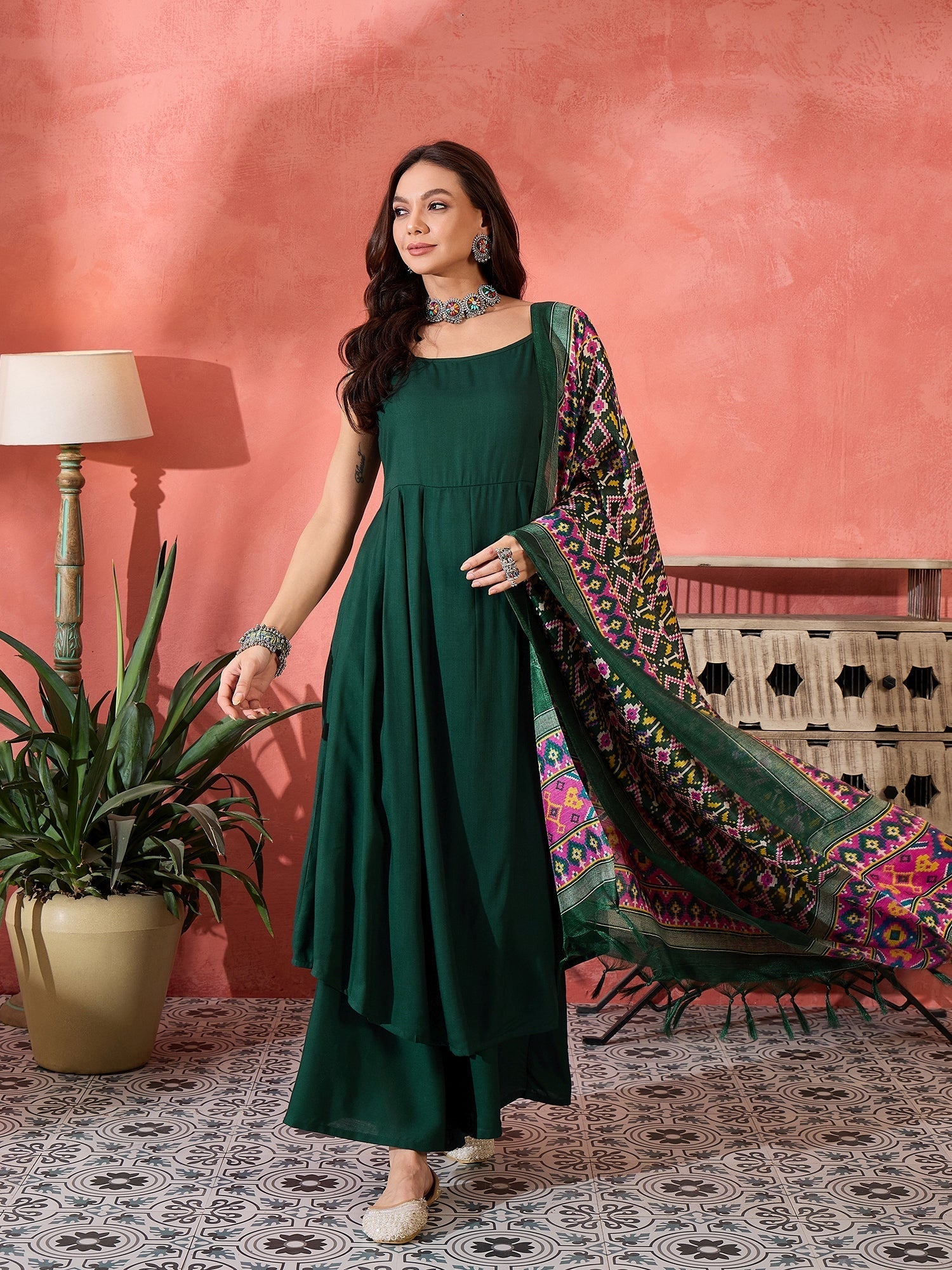 InWeave Green Strappy Kurta Set Green Patola Dupatta | Grocsy