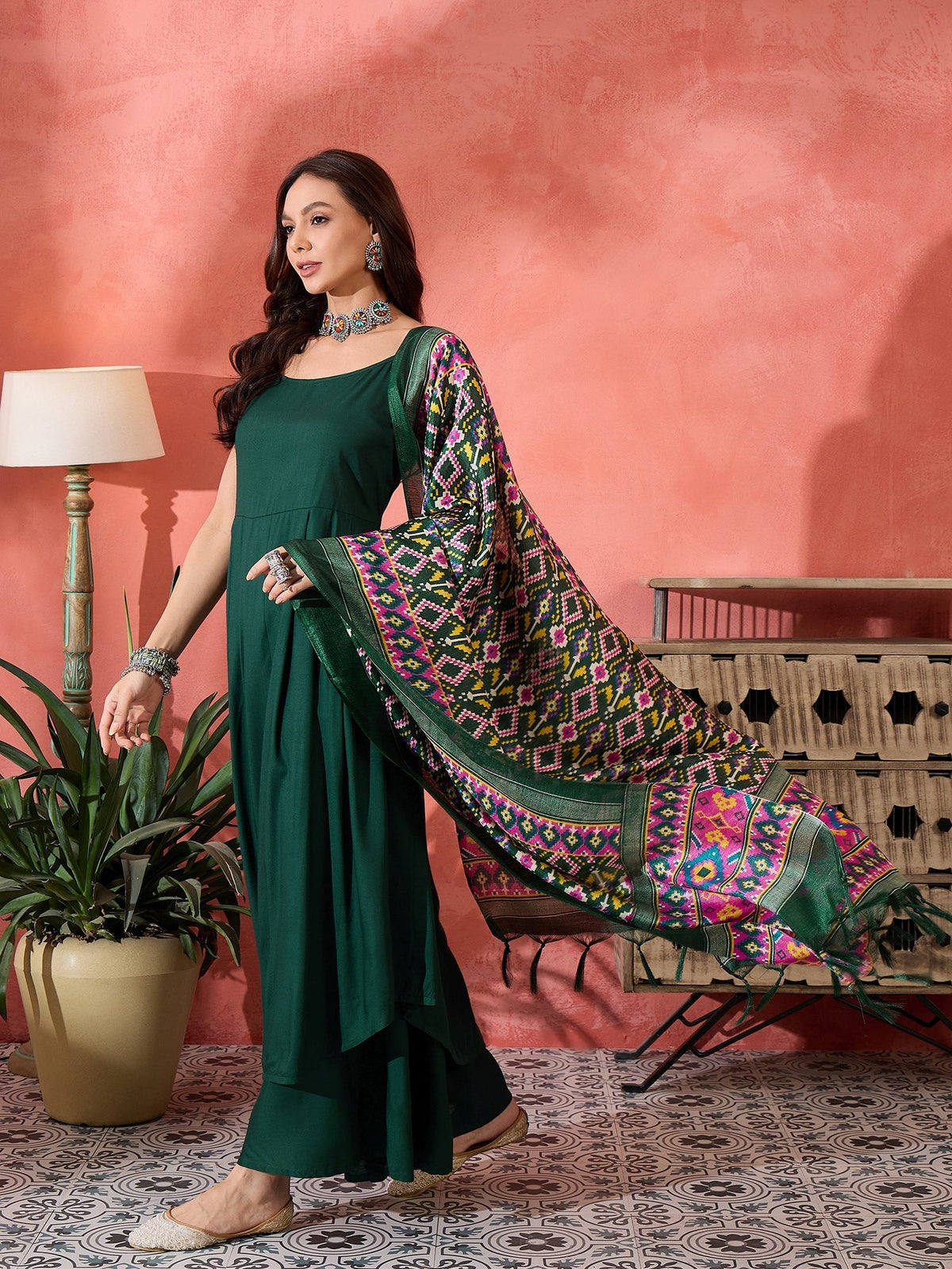 InWeave Green Strappy Kurta Set Green Patola Dupatta | Grocsy