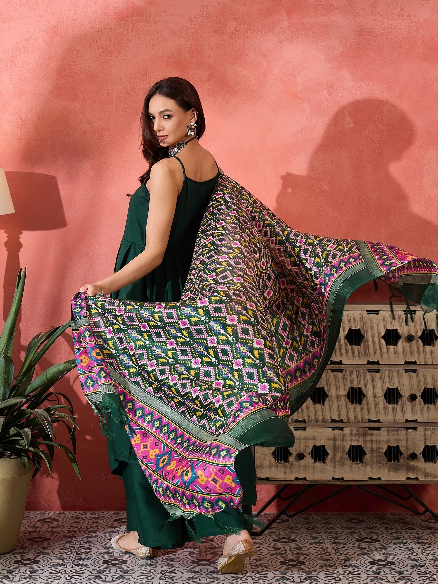 InWeave Green Strappy Kurta Set Green Patola Dupatta | Grocsy
