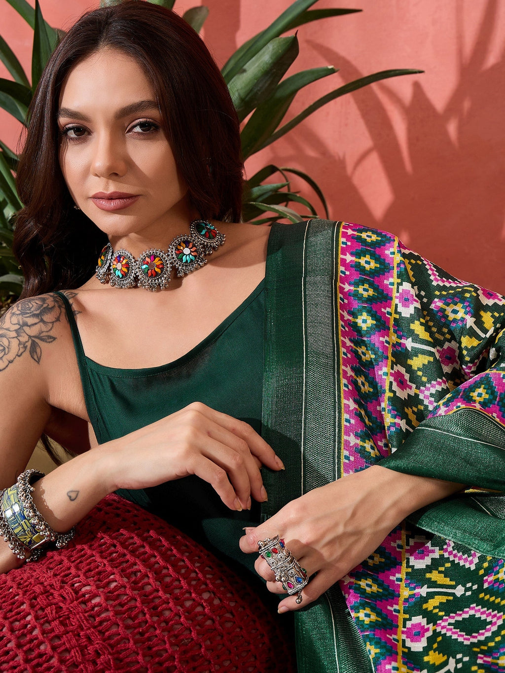 InWeave Green Strappy Kurta Set Green Patola Dupatta | Grocsy