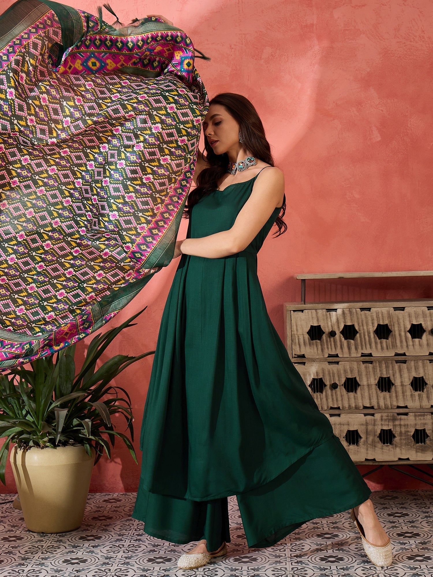 InWeave Green Strappy Kurta Set Green Patola Dupatta | Grocsy