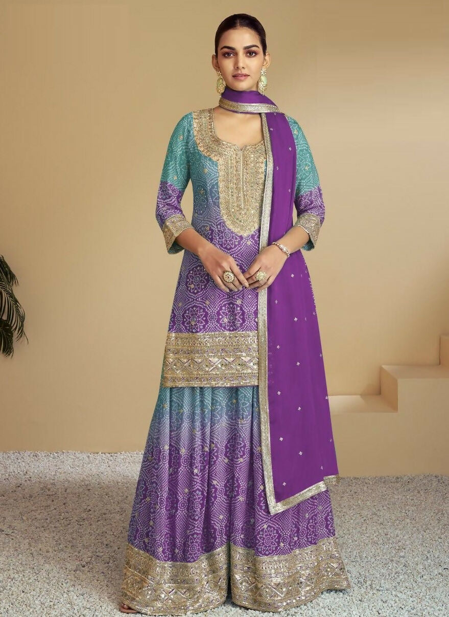 Anaita Purple Digital print with Embroidered Silk Stitched Plazo Suit | Grocsy
