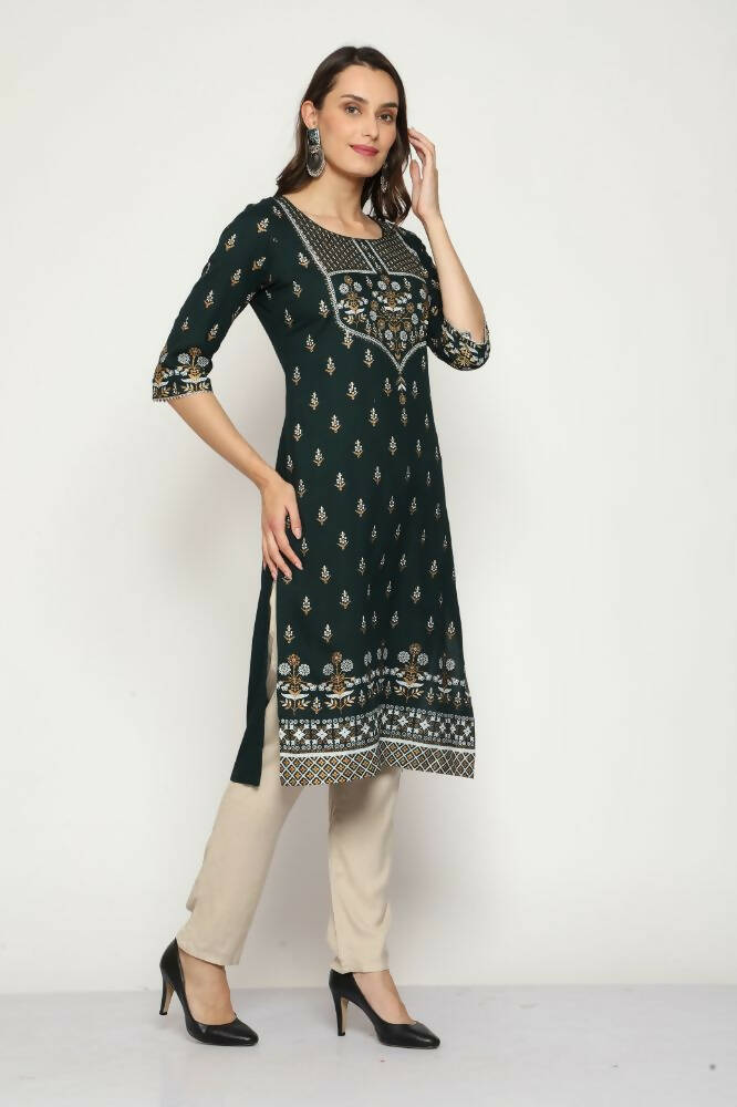Maai Rayon Hand Printed Kurta Green | Grocsy