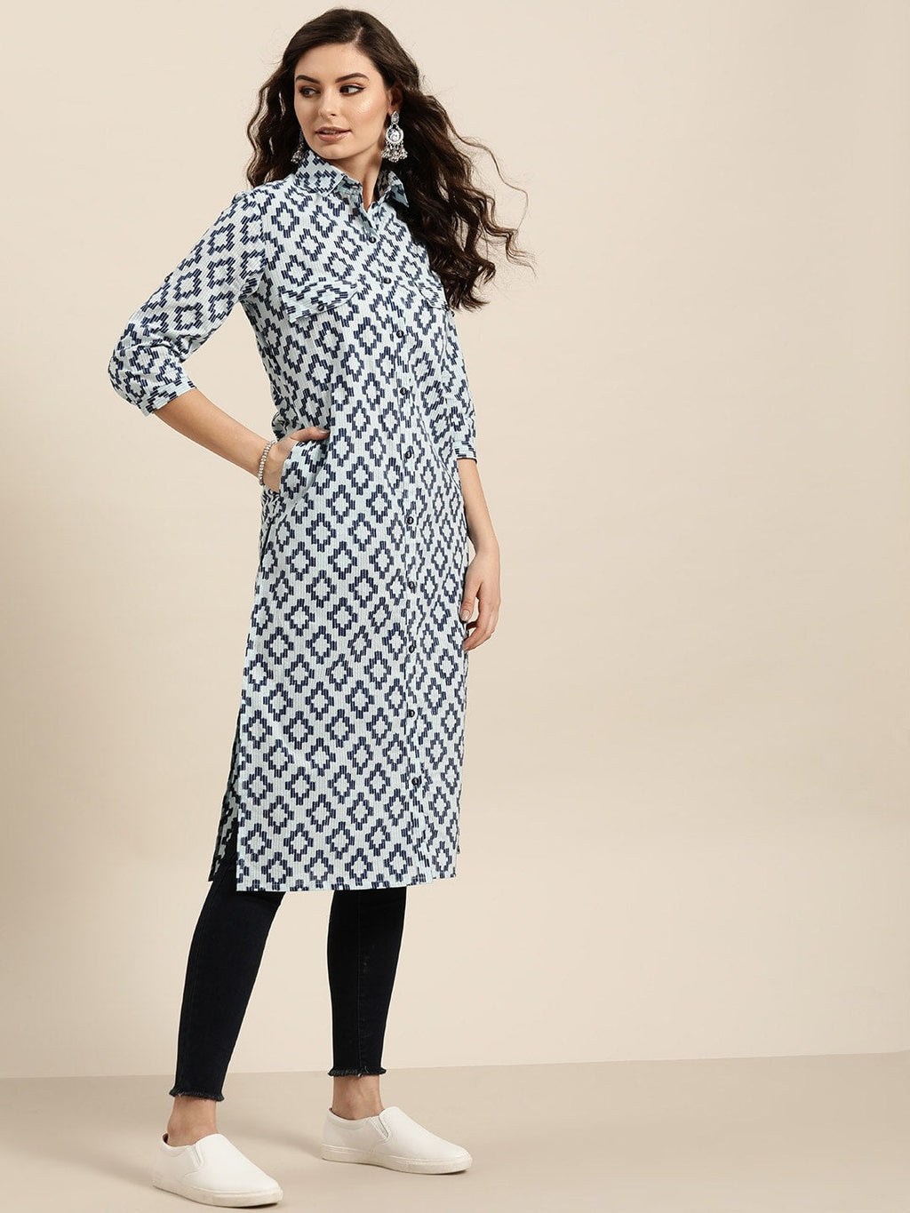 Sangria Women Navy Blue & Grey Pure Cotton Geometric Printed Kurta | Grocsy