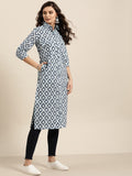 Sangria Women Navy Blue & Grey Pure Cotton Geometric Printed Kurta | Grocsy