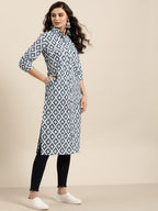 Sangria Women Navy Blue & Grey Pure Cotton Geometric Printed Kurta | Grocsy