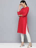 HERE&NOW Women Pure Cotton Floral Embroidered Keyhole Neck Thread Work Kurta | Grocsy