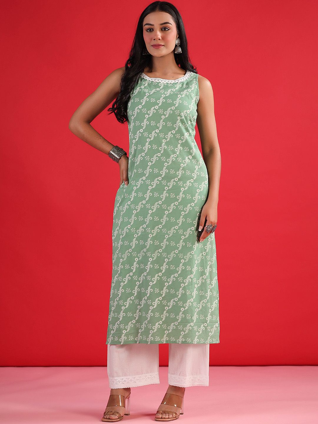 Indo Era Geometric Printed Round Neck Sleeveless Gotta Patti Cotton Straight Kurta | Grocsy