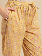 Sangria Yellow & Pink Floral Printed Pure-Cotton Straight Kurta With Trouser & Dupatta | Grocsy