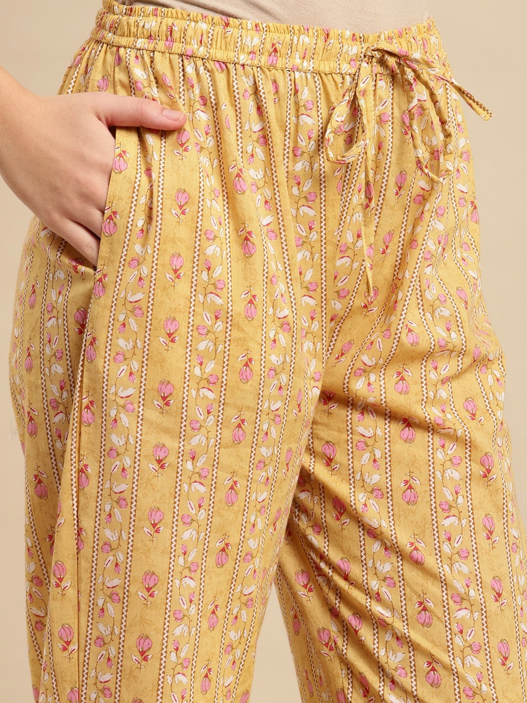 Sangria Yellow & Pink Floral Printed Pure-Cotton Straight Kurta With Trouser & Dupatta | Grocsy