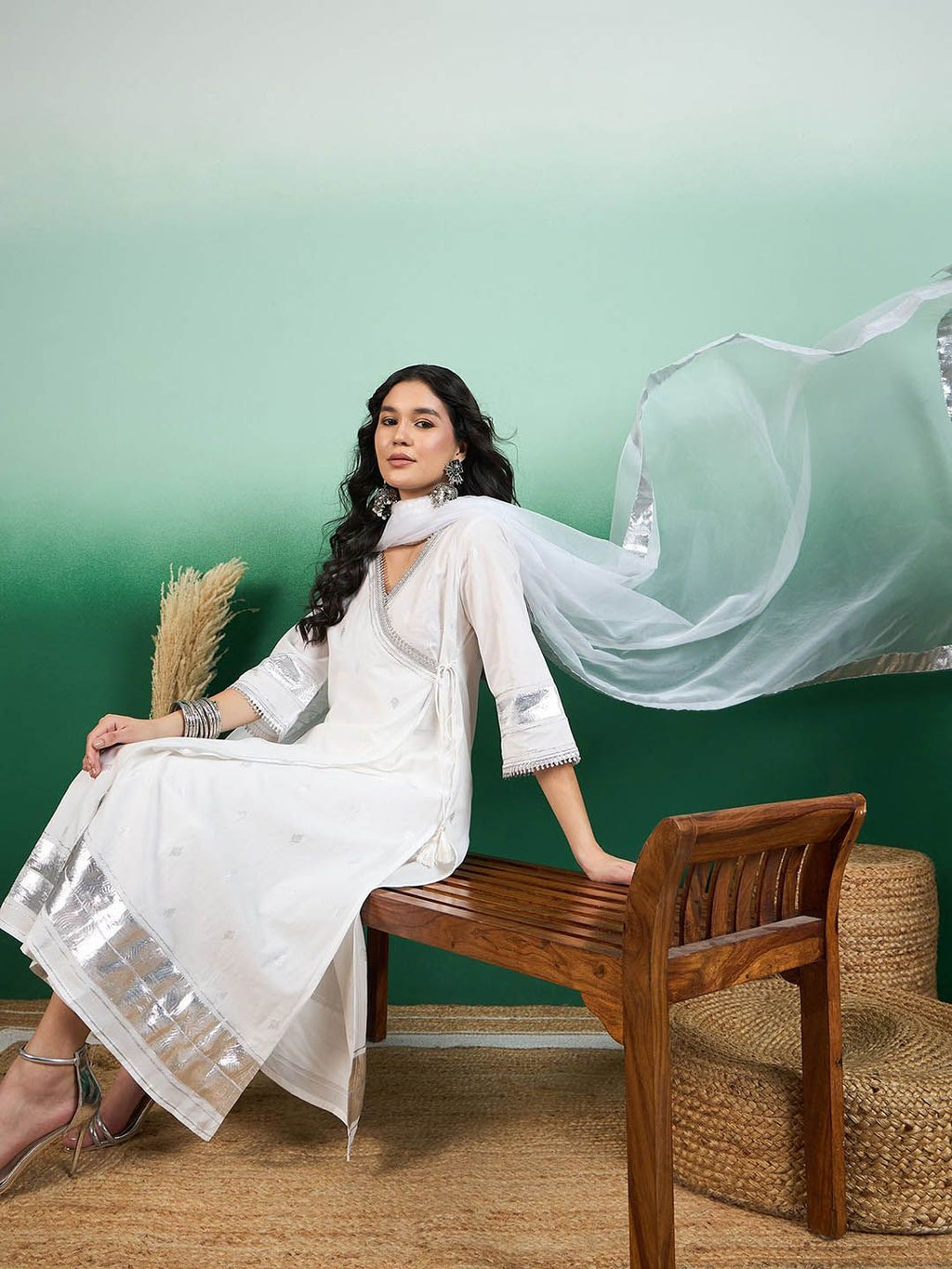 Sangria White Ethnic Motifs Printed Angrakha Kurta With Trouser & Dupatta | Grocsy