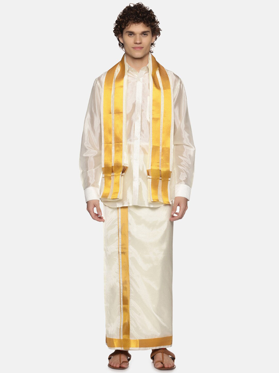 Sethukrishna Men Cream Solid With Angavastram | Grocsy