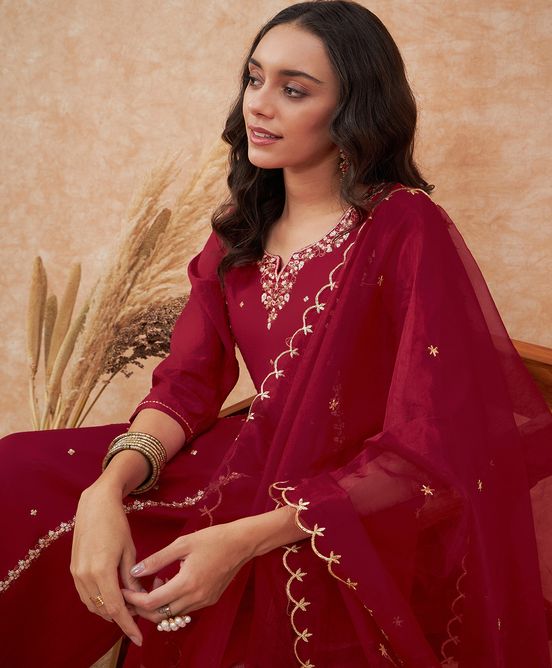 Sangria Maroon Floral Embroidered Straight Kurta With Trousers & Dupatta | Grocsy