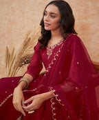 Sangria Maroon Floral Embroidered Straight Kurta With Trousers & Dupatta | Grocsy