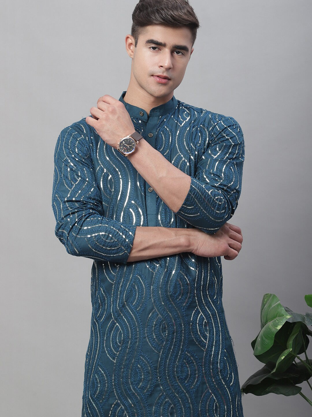 Sojanya Ethnic Motifs Embroidered Sequinned Pure Cotton Kurta with Churidar | Grocsy