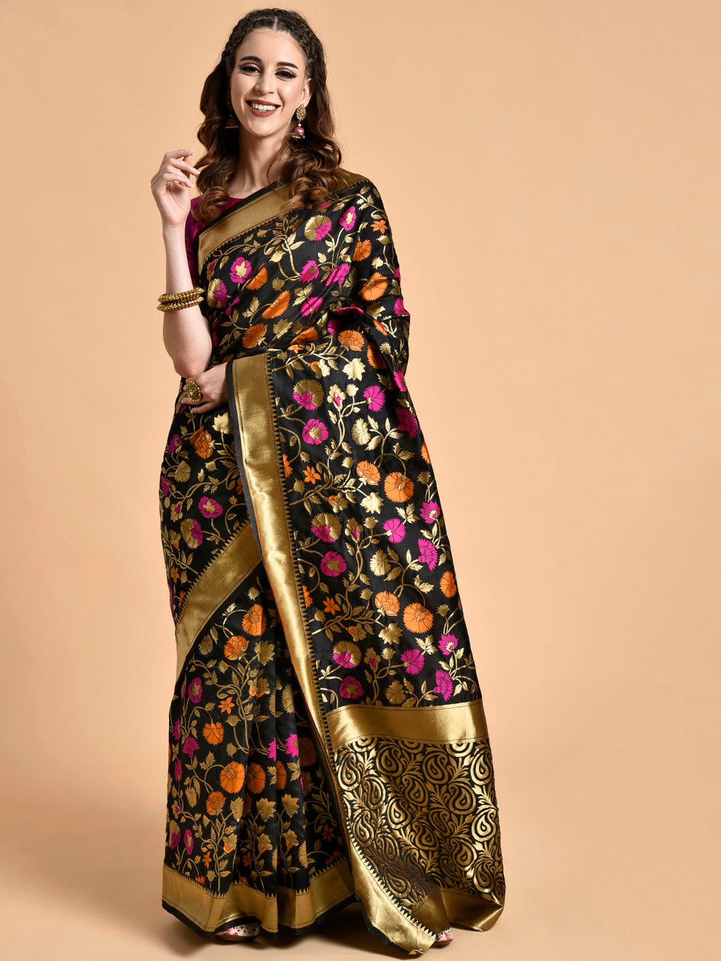 Sangria Black & Pink Floral Zari Silk Blend Banarasi Saree | Grocsy