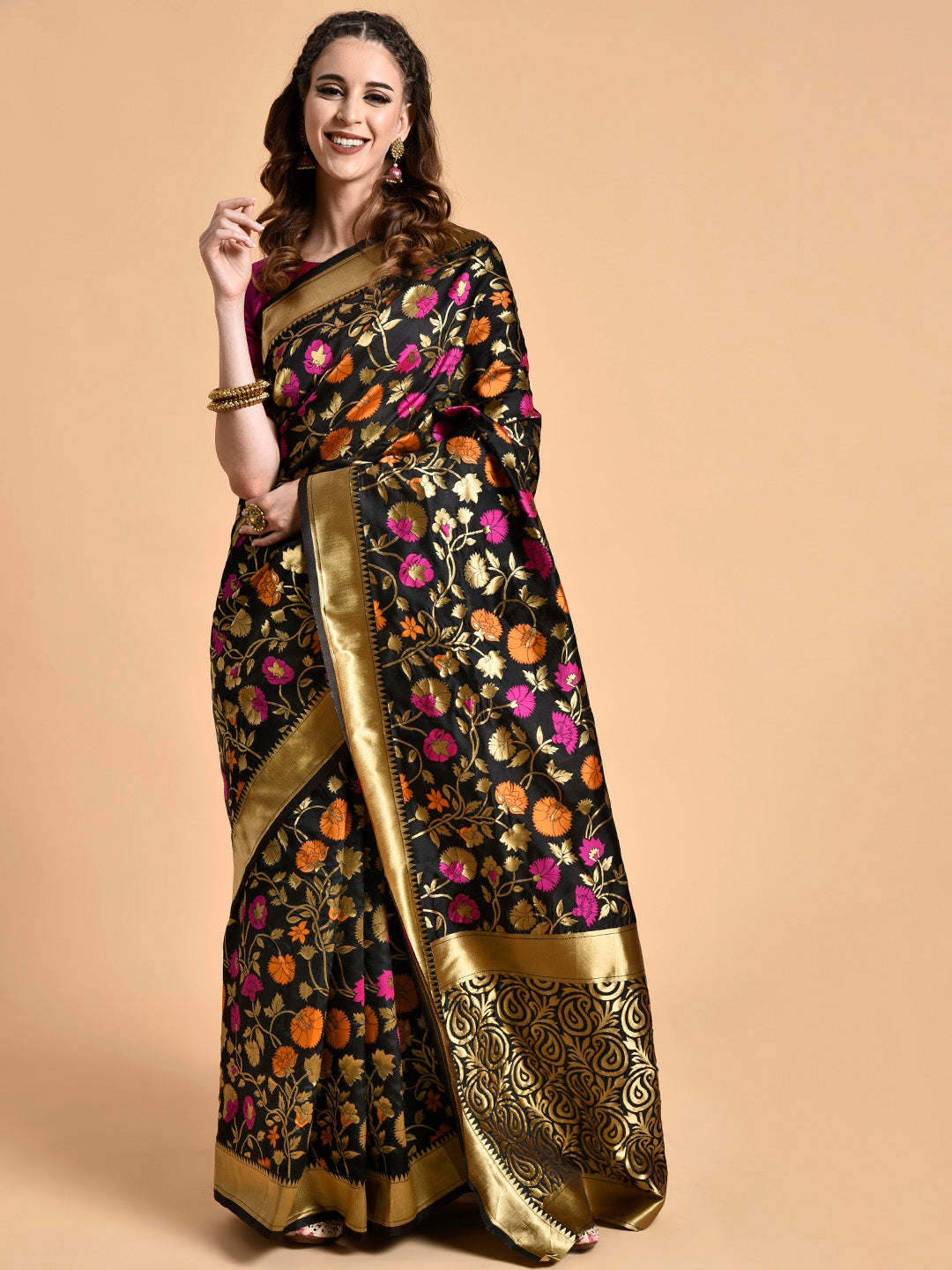 Sangria Black & Pink Floral Zari Silk Blend Banarasi Saree | Grocsy