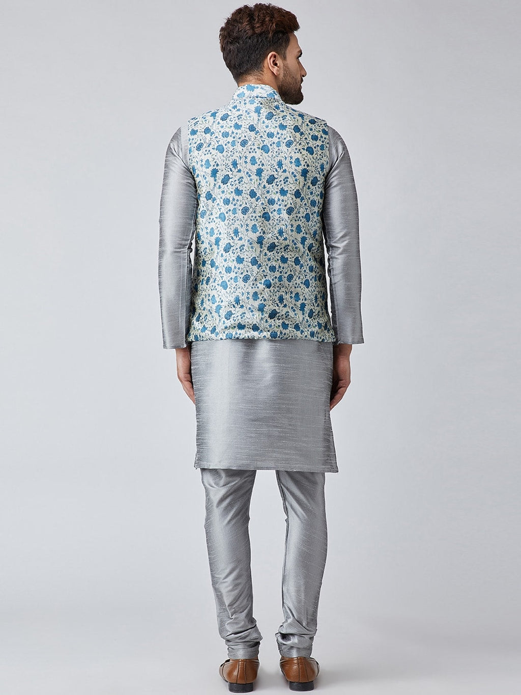 Sojanya Men Grey & Blue Self Design Kurta with Churidar & Nehru Jacket | Grocsy
