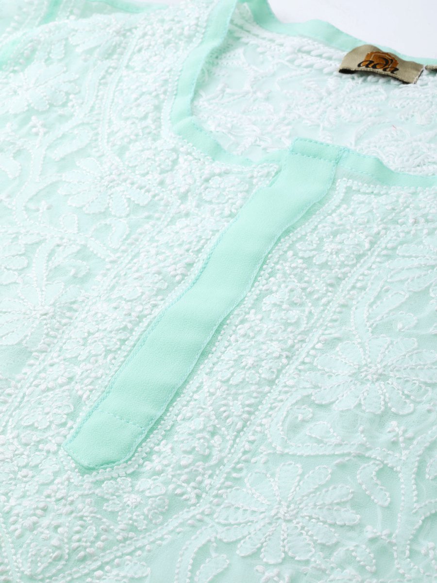 ADA Women Sea Green & White Chikankari Hand Embroidered Straight Sustainable Handloom Kurta | Grocsy