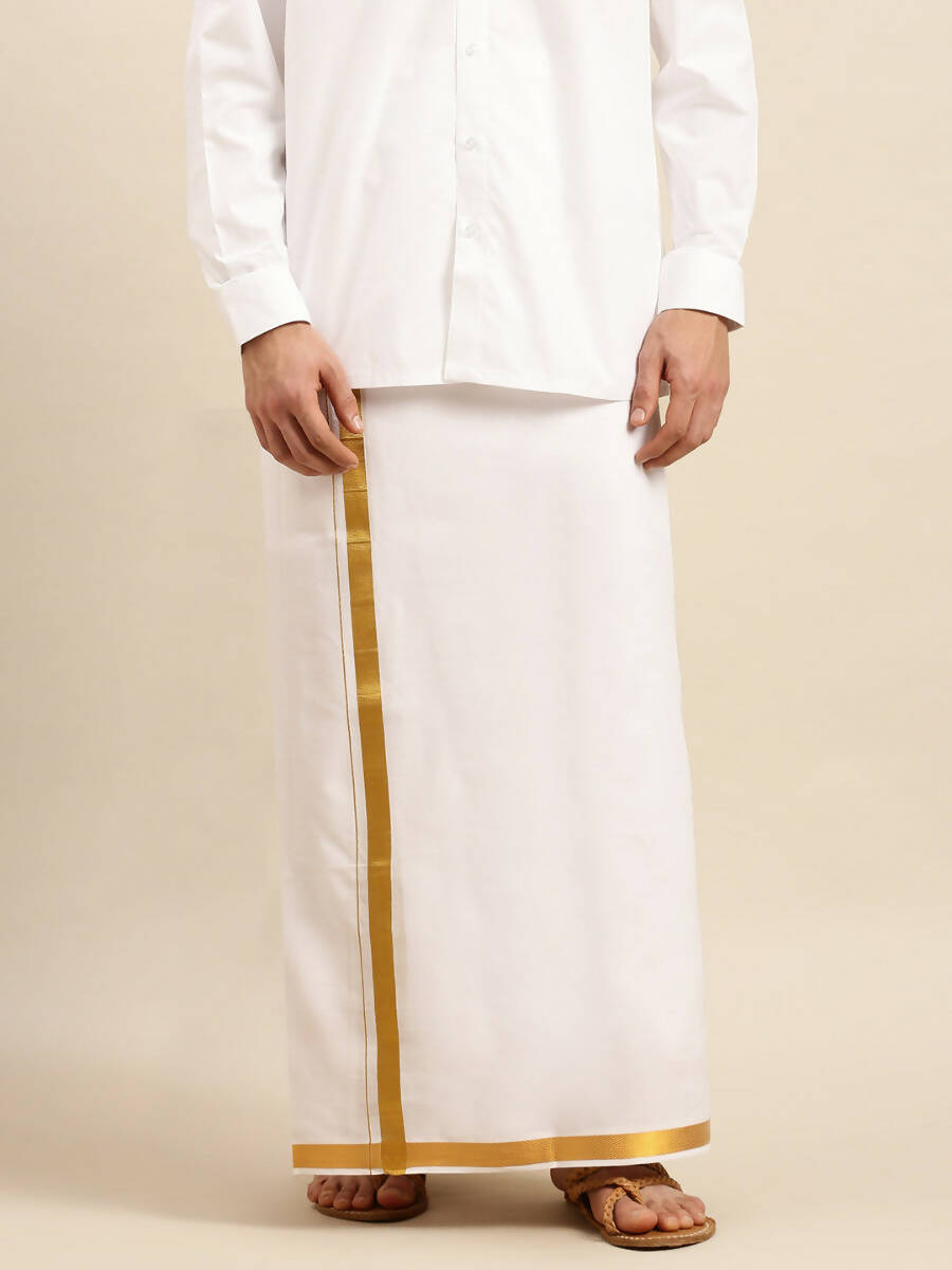 Ramraj Cotton Mens Pure Cotton 1 Inch Gold Jari Dhoti - White | Grocsy