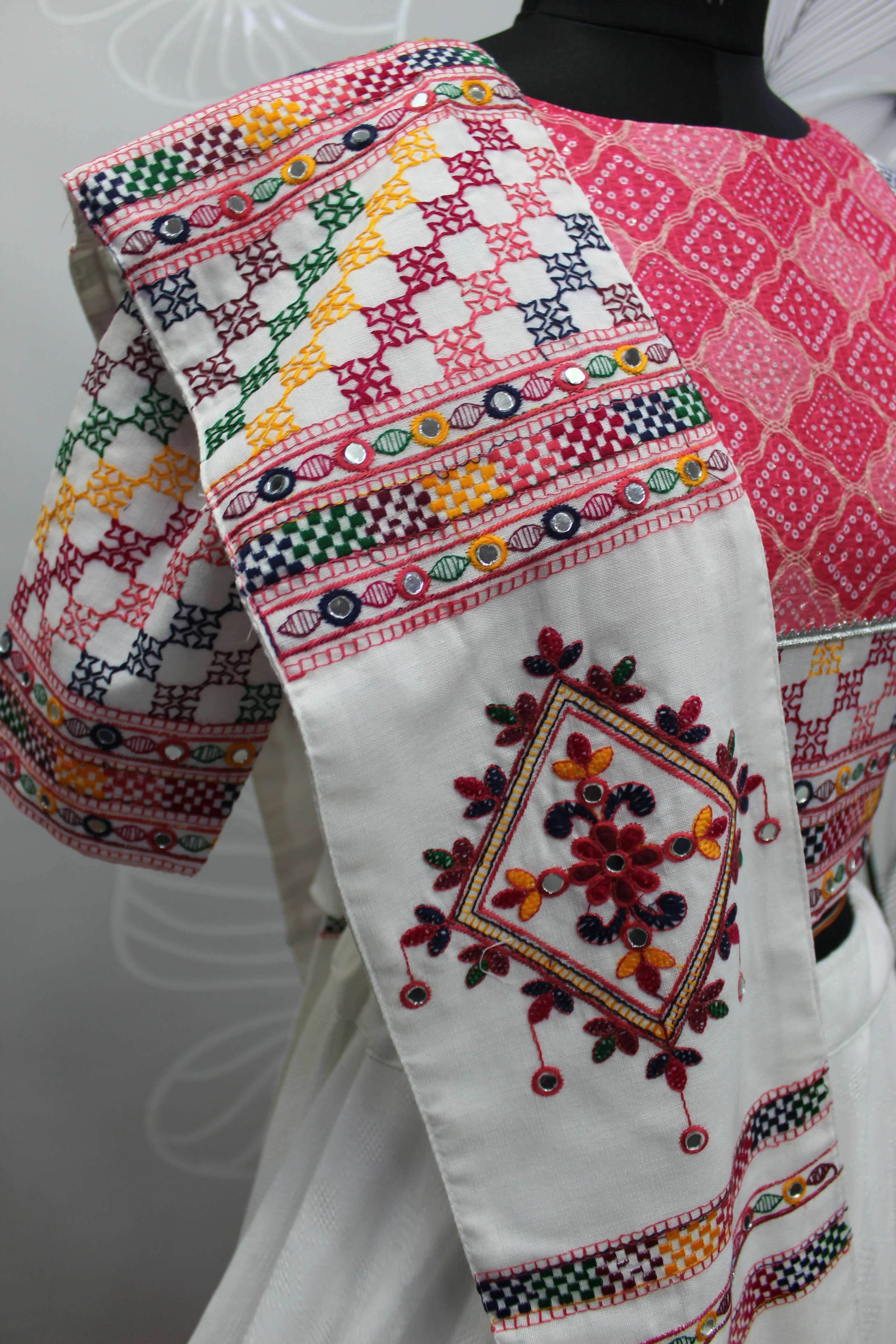 White Jacqard Cotton Thread Embroidered Navratri Lehenga Choli with Dupatta - Raas | Grocsy