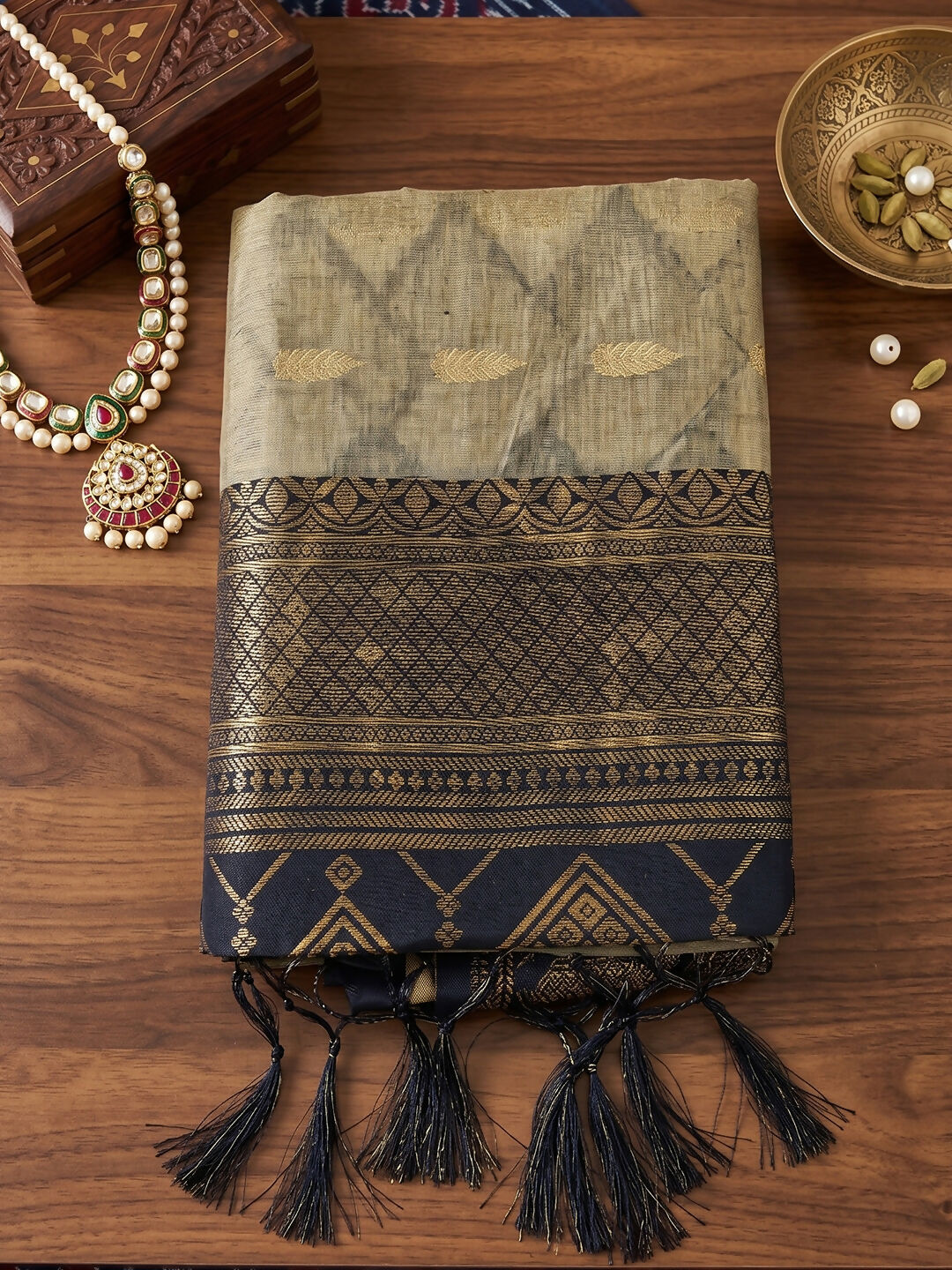 Shree Shyam Fashion Chiku With Black Cotton Saree | Grocsy