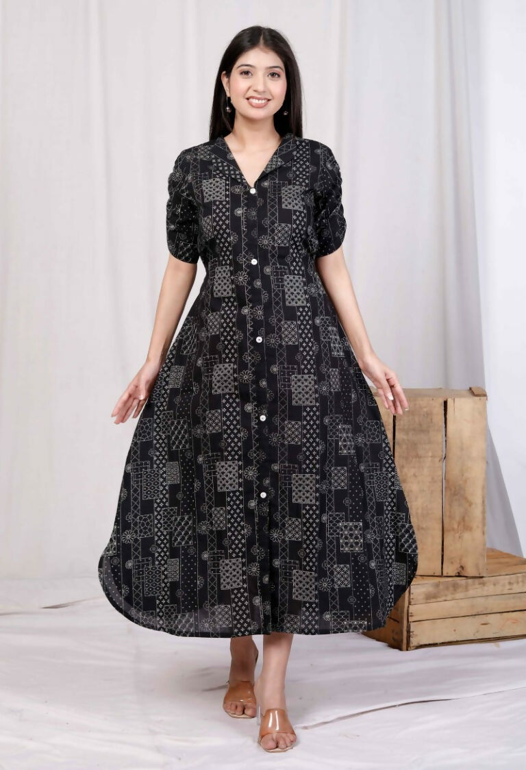 Miravan Women's Pure Cotton Black Floral Printed Front Button A-Line Midi Dress | Grocsy
