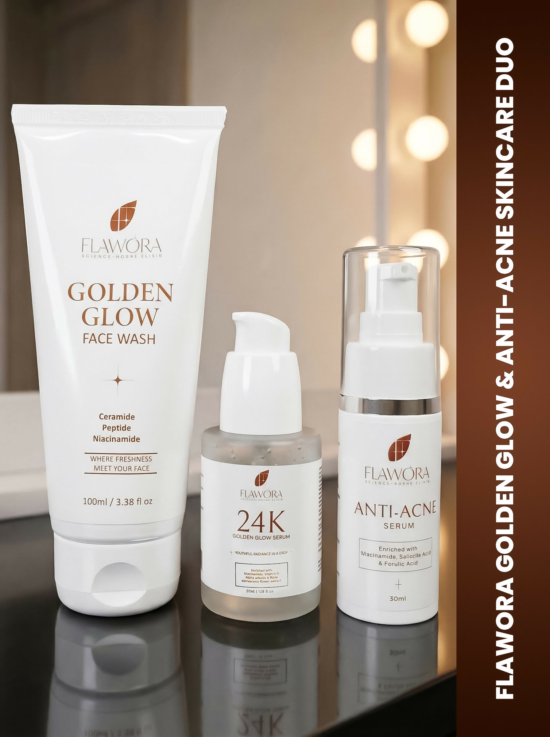 Flawora Set of Golden Glow Face Wash, Anti Acne Serum and 24k Golden Glow Face Serum | Grocsy