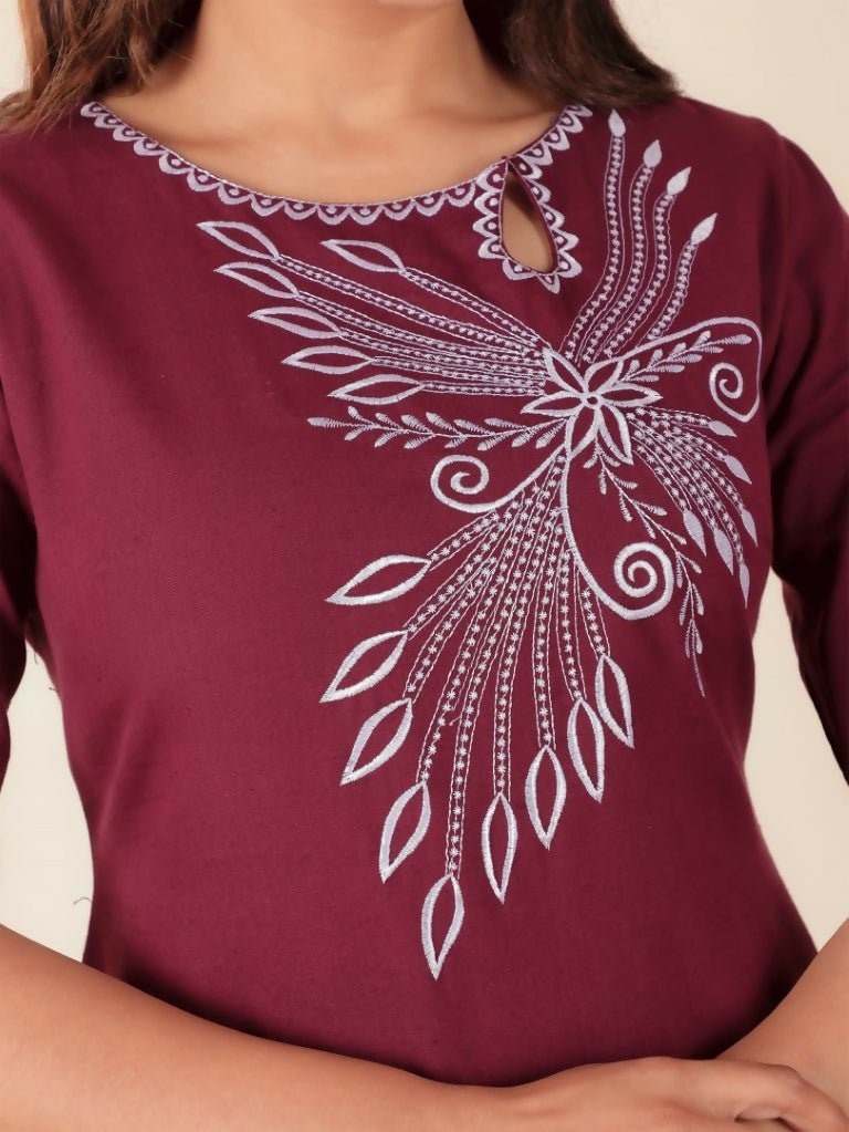 Aramya Maroon Linen Cotton Solid Straight Kurta for Women | Grocsy