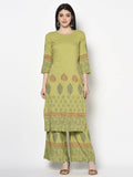Aniyah Rayon Parrot Green Color Block Print Straight Kurta (AN-198K) | Grocsy