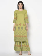 Aniyah Rayon Parrot Green Color Block Print Straight Kurta (AN-198K) | Grocsy