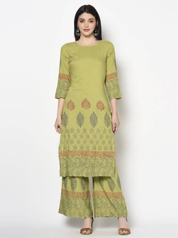 Aniyah Rayon Parrot Green Color Block Print Straight Kurta (AN-198K) | Grocsy