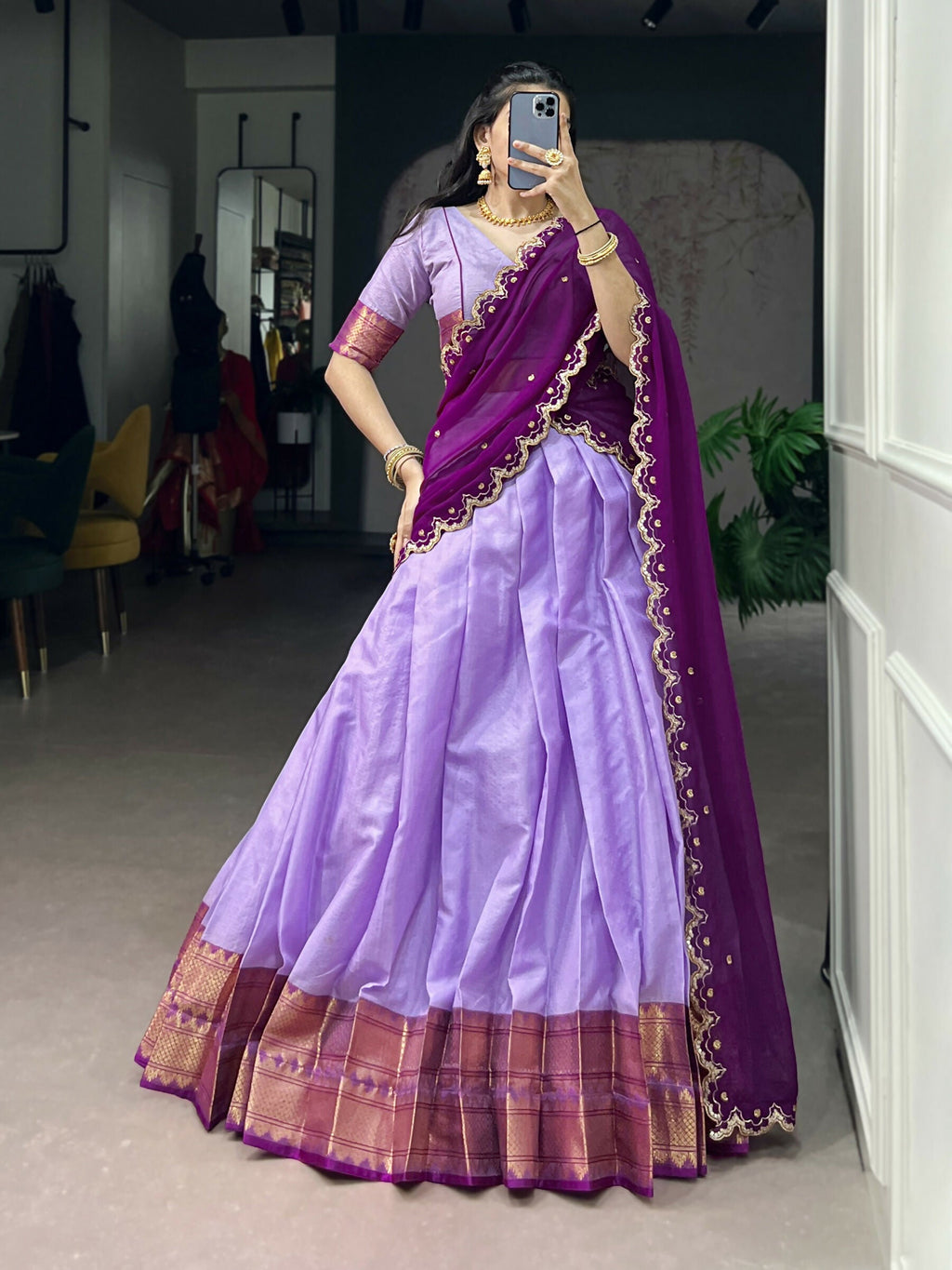 Lorenvalley Fashion Lavender Cotton Silk Zari Weaving Work Lehenga Choli with Dupatta | Grocsy