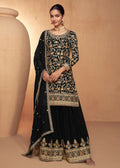 Black Real Chinnon Embroidered Wedding Festive Palazzo Suit - Emponline | Grocsy