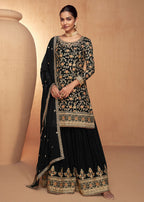 Black Real Chinnon Embroidered Wedding Festive Palazzo Suit - Emponline | Grocsy