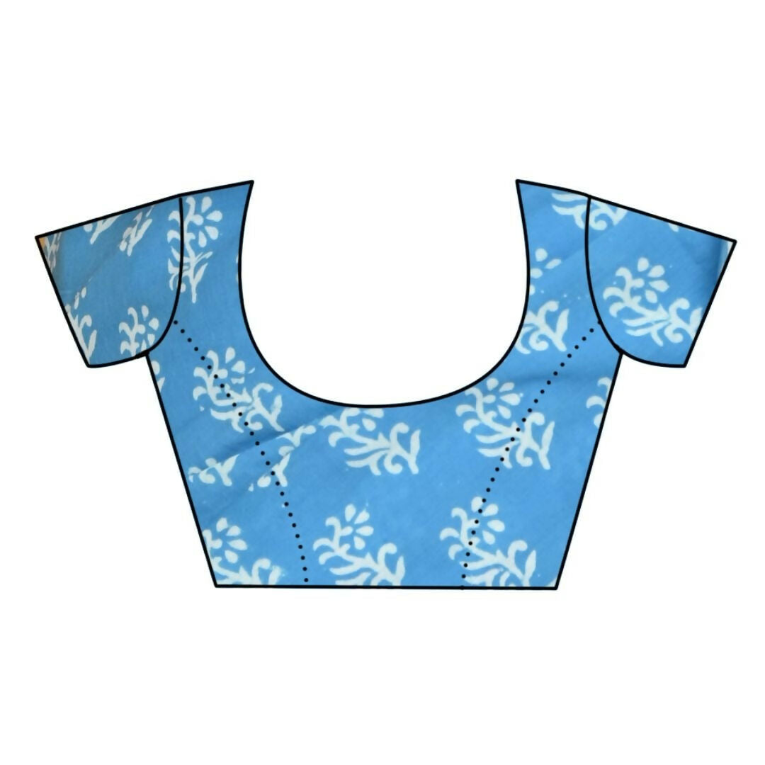 Very Much Indian Handblock Printed Cotton Saree With Natural Dyes - Sky Blue | Grocsy