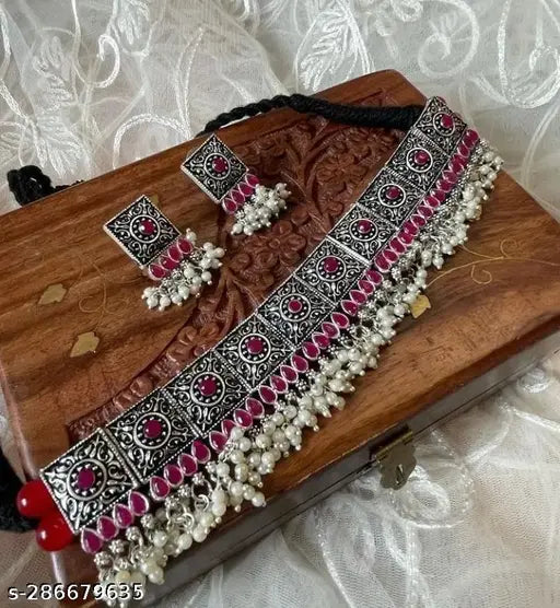 Tehzeeb Creations Women Silver Plated Necklace With Beads And Pearl | Grocsy