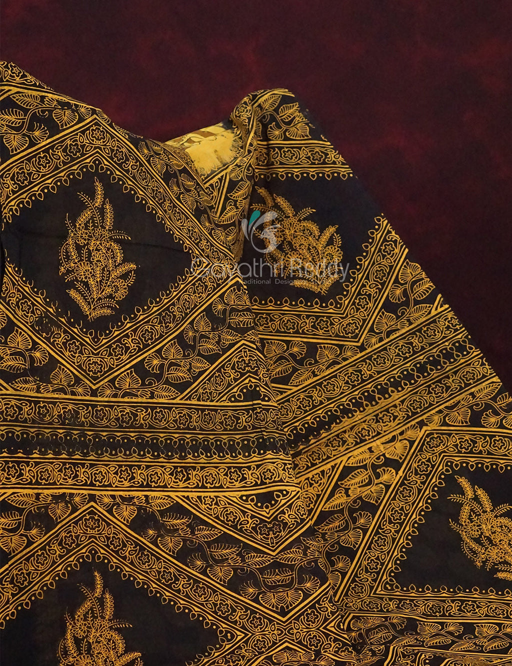 Mustard Yellow And Chikoo Coloured Block Print Handloom Mulmul Cotton Saree By Gayathri Reddy Designer Studio | Grocsy
