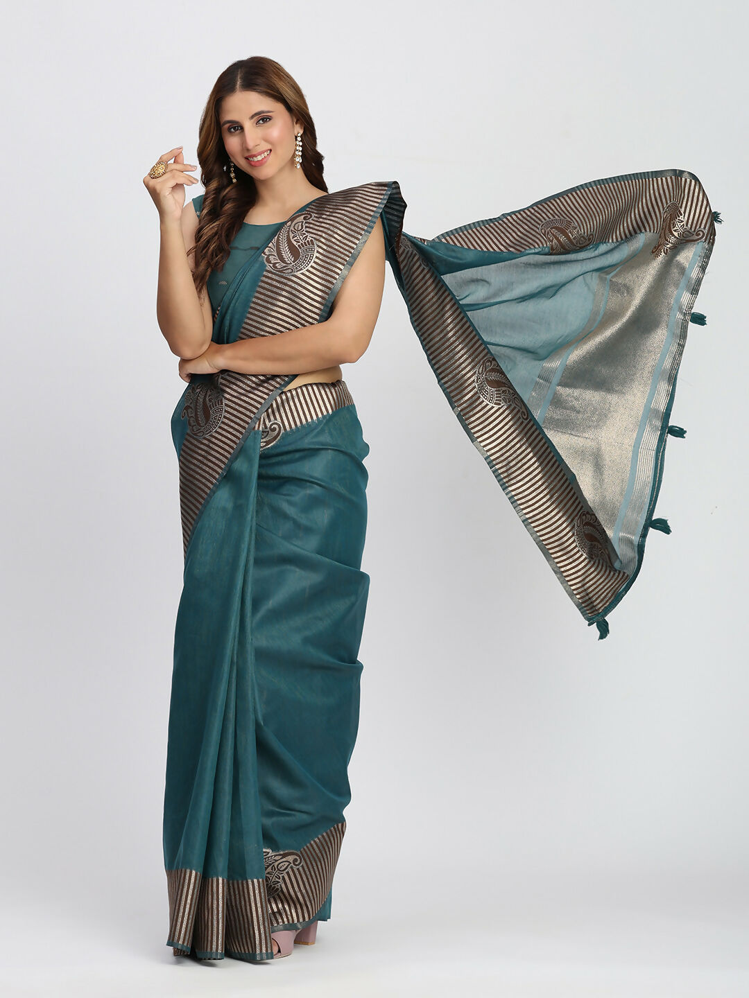 Shree Shyam Fashion Linen Cotton Sea Green Saree | Grocsy