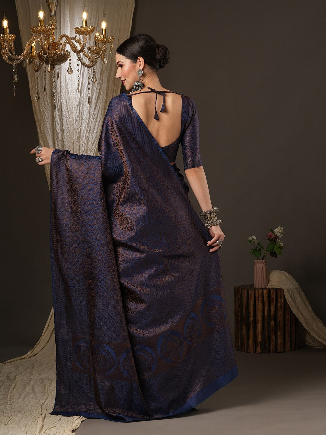 Saree Mall Navy Blue & Gold-Toned Woven Design Zari Silk Blend Banarasi Sarees | Grocsy