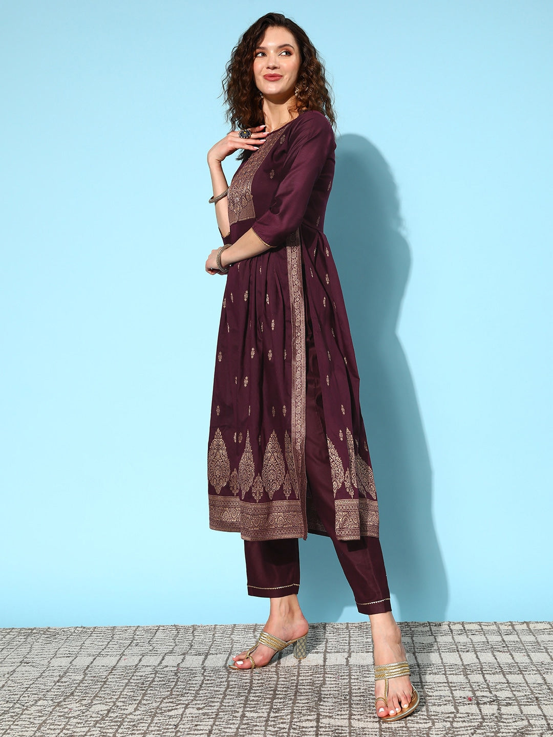 Sangria Ethnic Motifs Yoke Design Pleated Chanderi Silk Kurta with Trousers & Dupatta | Grocsy