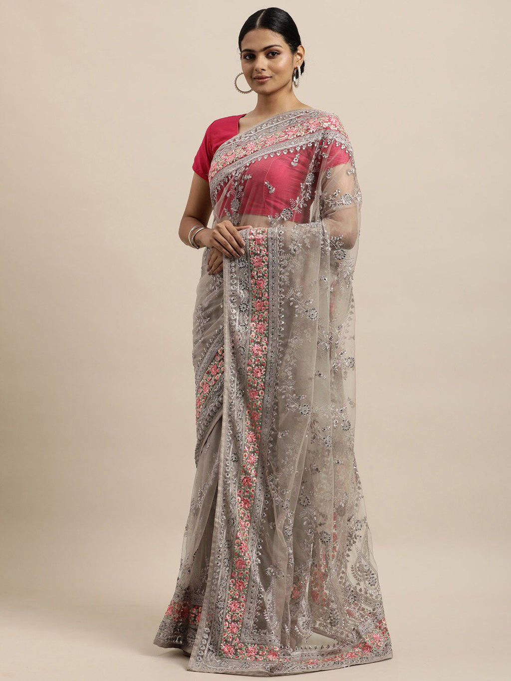 kasee Grey & Fuchsia Floral Embroidered Net Heavy Work Saree | Grocsy