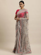 kasee Grey & Fuchsia Floral Embroidered Net Heavy Work Saree | Grocsy