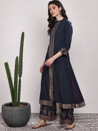 Sangria Women Navy Blue & Gold-Coloured Printed Kurta with Palazzos | Grocsy