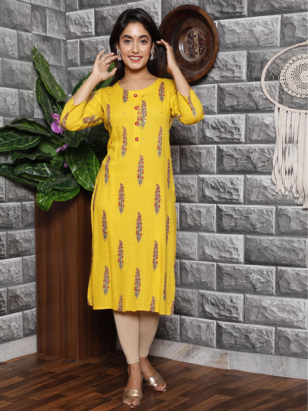 HERE&NOW Women Mustard Yellow Floral Mirror Work Floral Kurta | Grocsy